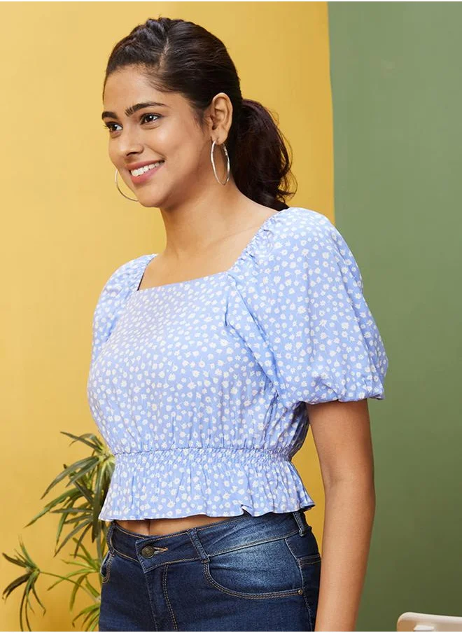 globus Globus Floral Printed Puff Sleeve Peplum Top