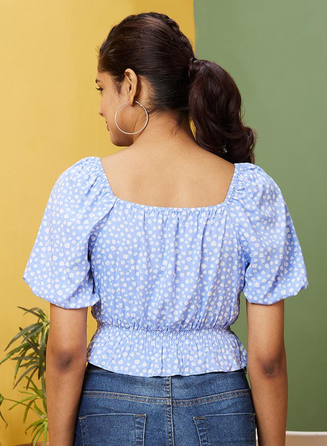 globus Floral Printed Puff Sleeve Peplum Top - Image 3