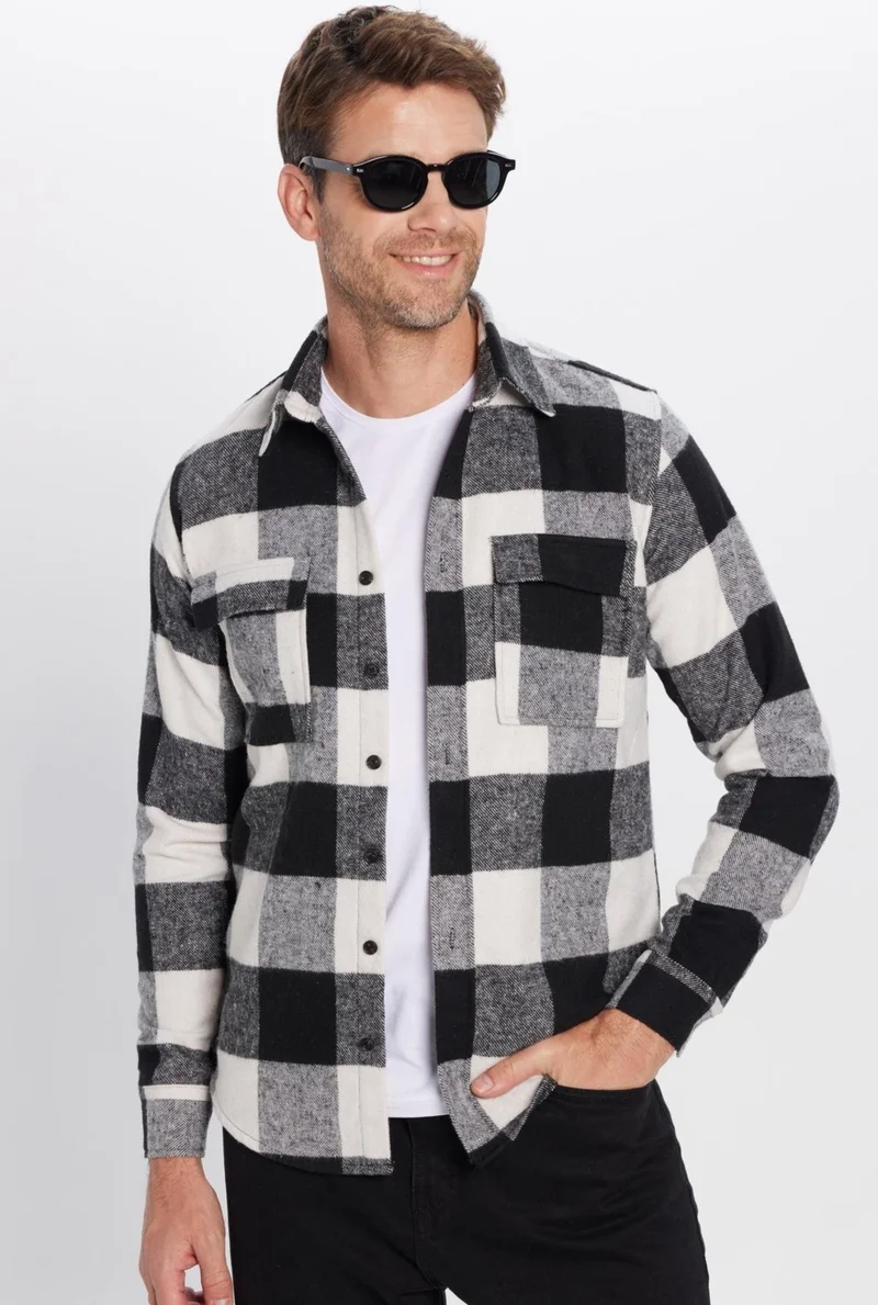 تودورس Men's Slim Fit Slim Fit Lumberjack Double Pocket Flap Checked Winter Shirt