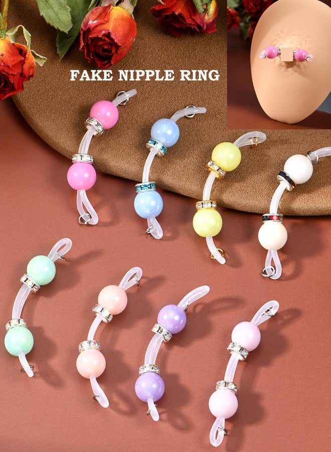 DJCIW 4 Pairs Handmade Fake Rings,Adjustable Nooses with 8mm Silicone Multicolor Beads and Barbells,Non-Piercing Faux Piercing Comfortable Everyday Wear Cute Body Jewelry, cubic - Image 2