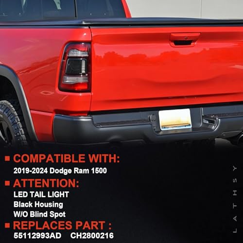 Lathsy LED Tail Light Black Cover w/o Blind Spot Compatible With 2019-2023 Dodge Ram 1500 Left Driver Side Replace 55112993AD - Image 2