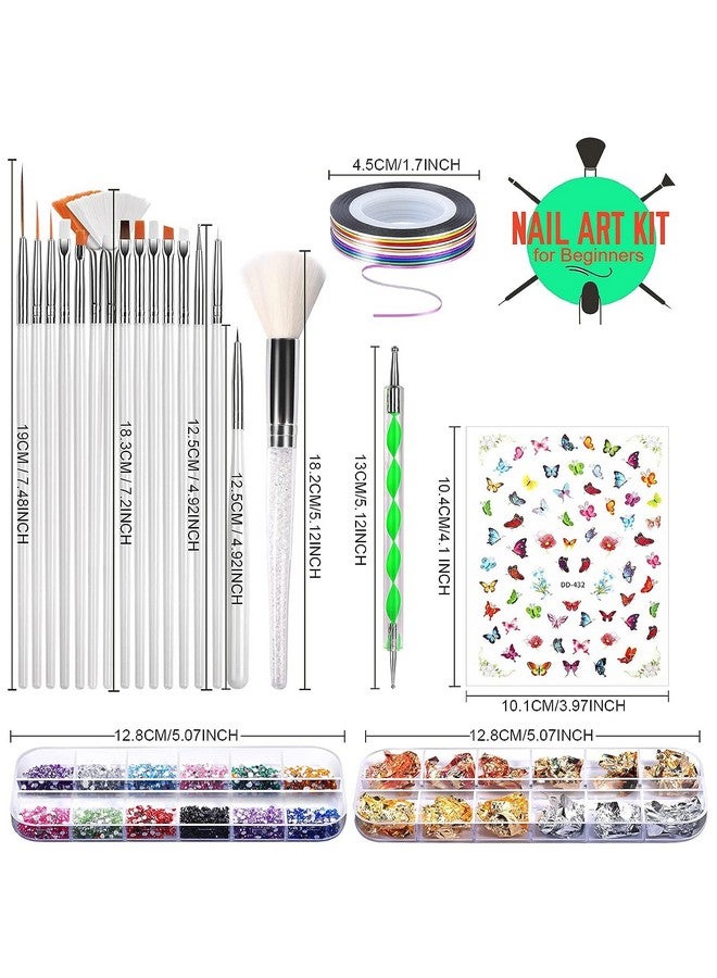 Gleevia Nail Art Kit, Nail Accessories With Nail Art Brush, Nail Dotting Tools, Butterfly Nail Art Stickers, Nail Rhinestones, Nail Foil, Nail Striping Tapes, Nail Dust Brush (White) - Image 2