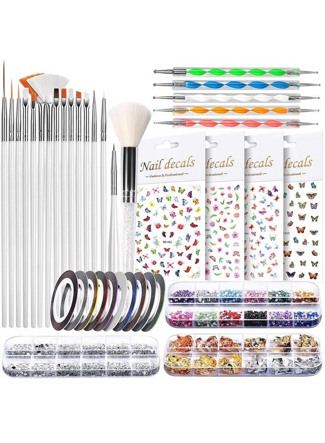 Gleevia Nail Art Kit, Nail Accessories With Nail Art Brush, Nail Dotting Tools, Butterfly Nail Art Stickers, Nail Rhinestones, Nail Foil, Nail Striping Tapes, Nail Dust Brush (White) - Image 1