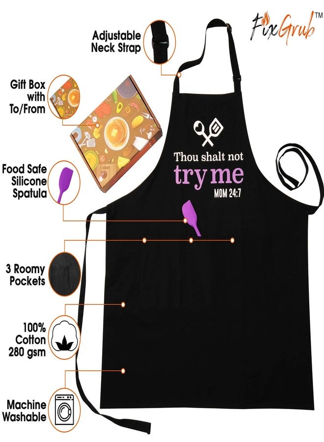 FixGrub Cooking Apron for Mom with Spatula and Gift Box, Funny Kitchen Apron with 3 Pockets, Mom Gift, Cute Apron, Mother's Day Gift (Thou Shalt Not Try Me) - Image 4