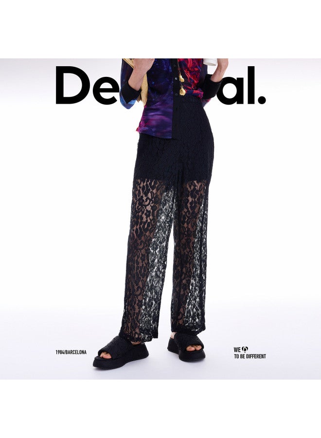 DESIGUAL ss25 Black Lace Lightweight Relaxed Straight-leg Women's Casual Pants - Image 4