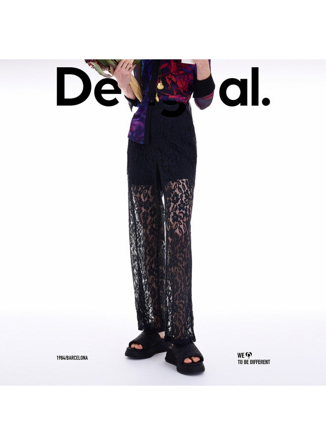 DESIGUAL ss25 Black Lace Lightweight Relaxed Straight-leg Women's Casual Pants - Image 3