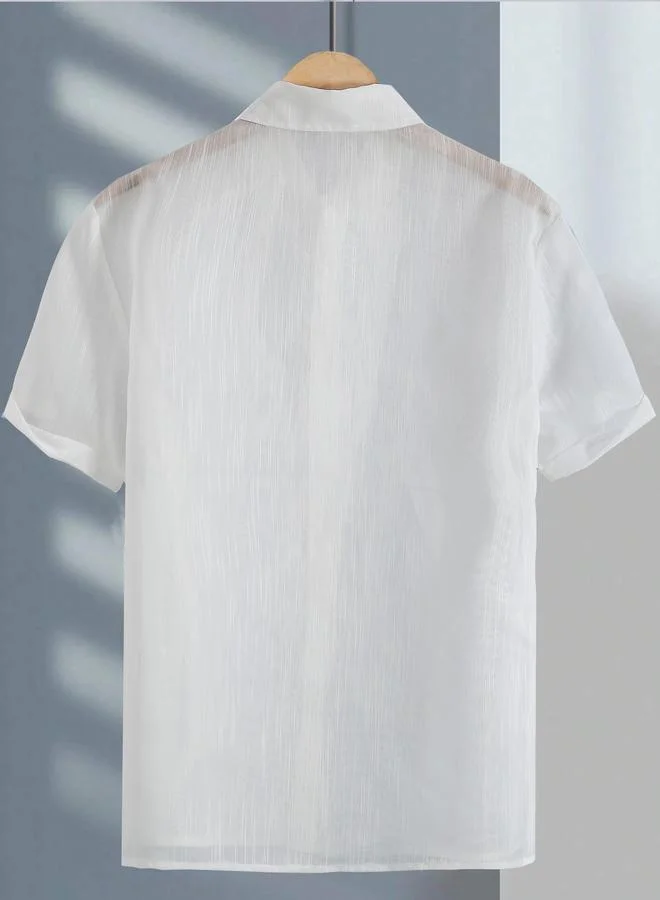 تايك تو Men White Linen Blend Short Sleeve Shirt