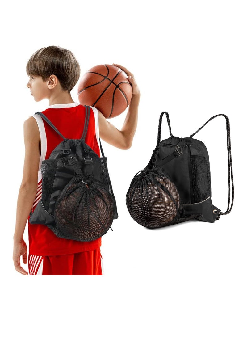Generic Black Basketball Backpack Drawstring Bag Basketball Accessories String Bag w Hidden Ball Net Gym Sports Cinch Sack w Bottle Holder u0026 Zipper Pockets Workout Equipment Bags for Volleyball Men - Image 3