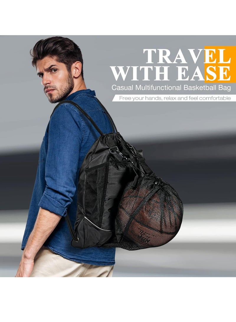 Generic Black Basketball Backpack Drawstring Bag Basketball Accessories String Bag w Hidden Ball Net Gym Sports Cinch Sack w Bottle Holder u0026 Zipper Pockets Workout Equipment Bags for Volleyball Men - Image 1