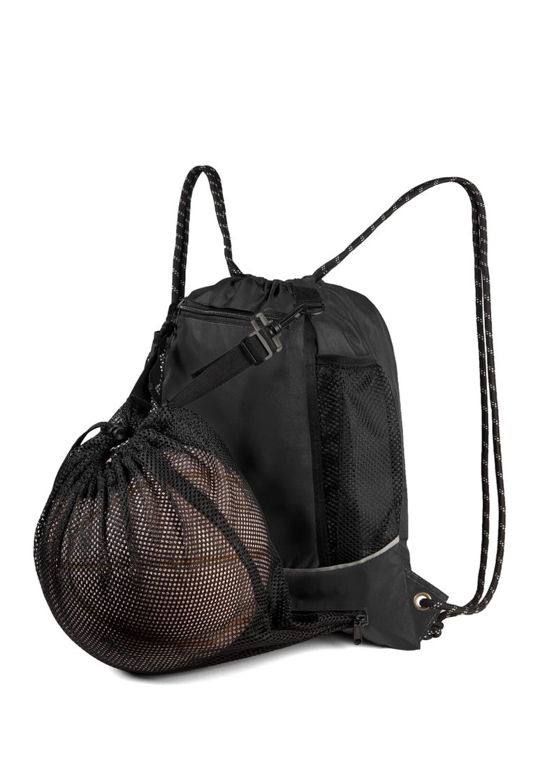Generic Black Basketball Backpack Drawstring Bag Basketball Accessories String Bag w Hidden Ball Net Gym Sports Cinch Sack w Bottle Holder u0026 Zipper Pockets Workout Equipment Bags for Volleyball Men - Image 5