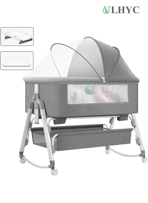 Portable Newborn Baby Folding Bedside Crib Bassinet Bed With Large Storage Basket, Side Mesh, Adjustable Height, Soft Mattress, Swivel Wheels And Mosquito Net