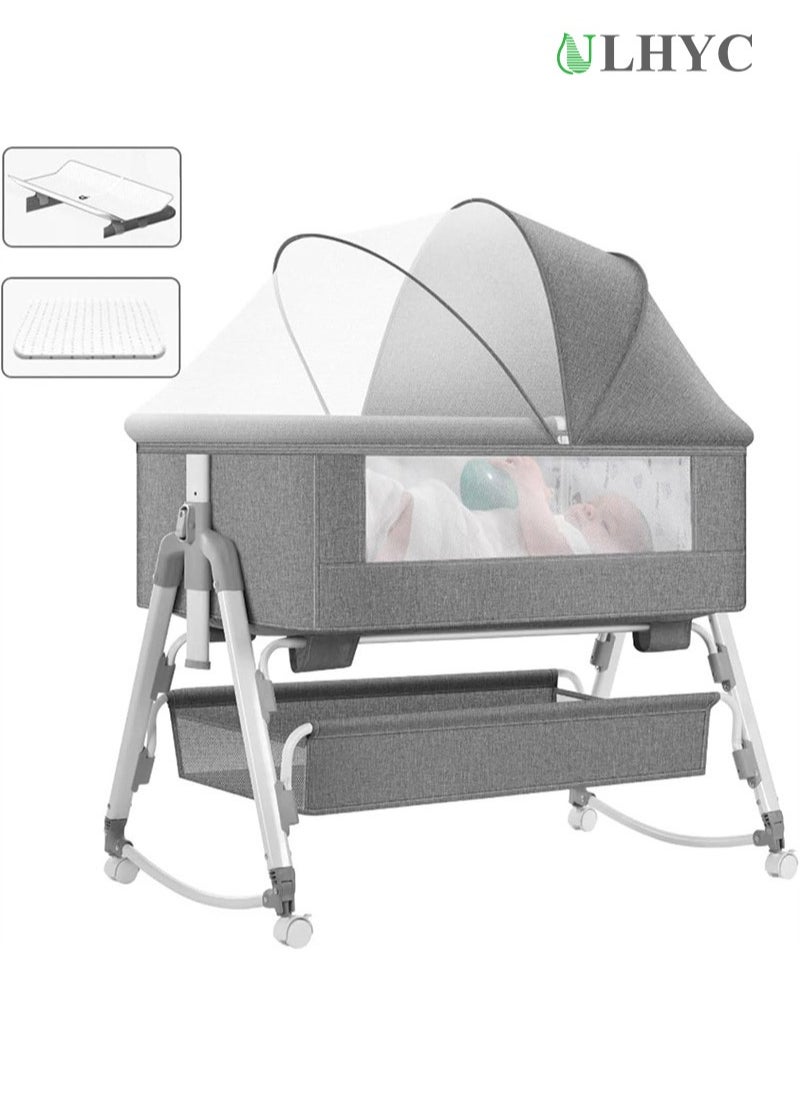 ULHYC - Portable Newborn Baby Folding Bedside Crib Bassinet Bed With Large Storage Basket, Side Mesh, Adjustable Height, Soft Mattress, Swivel Wheels And Mosquito Net - Image 1