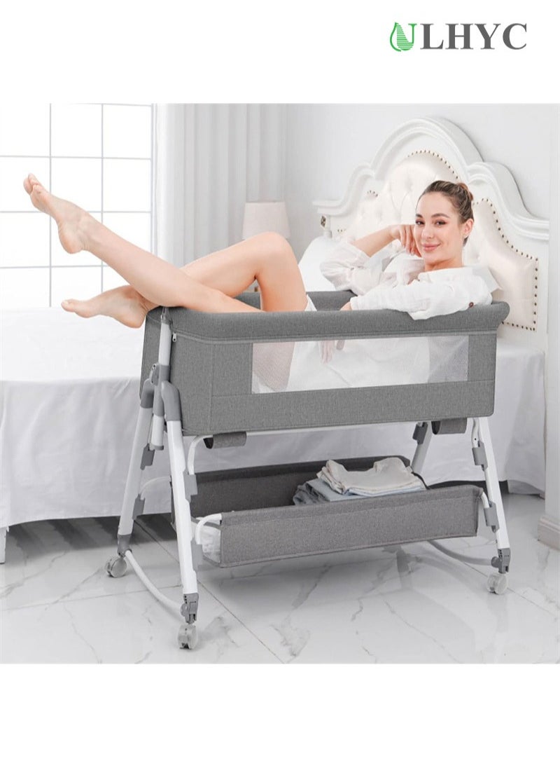 ULHYC - Portable Newborn Baby Folding Bedside Crib Bassinet Bed With Large Storage Basket, Side Mesh, Adjustable Height, Soft Mattress, Swivel Wheels And Mosquito Net - Image 1