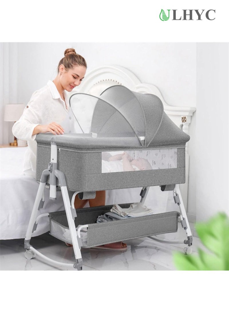 ULHYC - Portable Newborn Baby Folding Bedside Crib Bassinet Bed With Large Storage Basket, Side Mesh, Adjustable Height, Soft Mattress, Swivel Wheels And Mosquito Net - Image 1