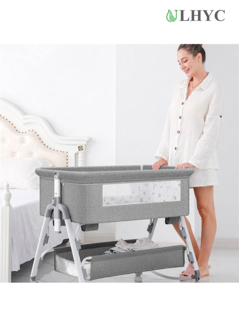 ULHYC - Portable Newborn Baby Folding Bedside Crib Bassinet Bed With Large Storage Basket, Side Mesh, Adjustable Height, Soft Mattress, Swivel Wheels And Mosquito Net - Image 1