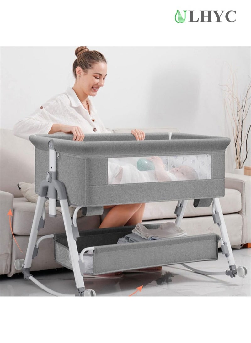 ULHYC - Portable Newborn Baby Folding Bedside Crib Bassinet Bed With Large Storage Basket, Side Mesh, Adjustable Height, Soft Mattress, Swivel Wheels And Mosquito Net - Image 1