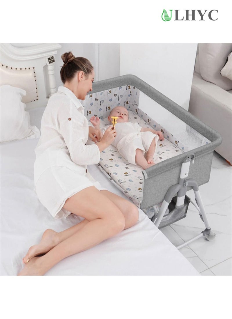 ULHYC - Portable Newborn Baby Folding Bedside Crib Bassinet Bed With Large Storage Basket, Side Mesh, Adjustable Height, Soft Mattress, Swivel Wheels And Mosquito Net - Image 1