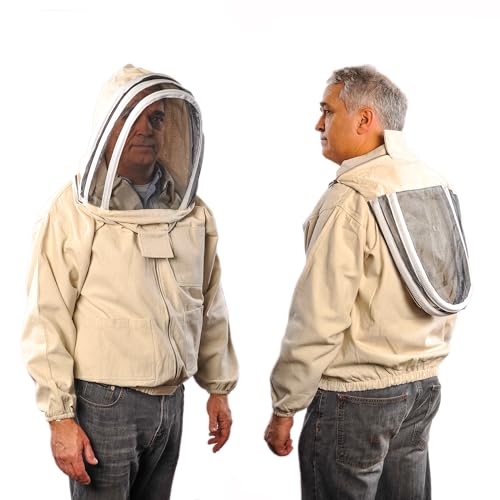 FOREST BEEKEEPING SUPPLY جاكيت النحل مع غطاء - جاكيت من قماش القطن الطبيعي مع خصر وأساور مرنة، سحابات نحاسية YKK، 3 جيوب متعددة الاستخدامات. غطاء قابل للإزالة قابل للتبديل مع بدلة تربية النحل في الغابة. (كبير) - Image 1