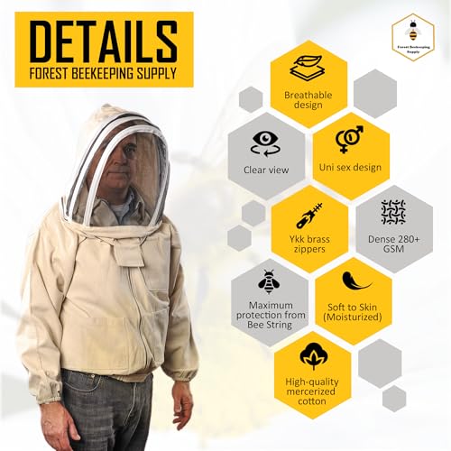 FOREST BEEKEEPING SUPPLY جاكيت النحل مع غطاء - جاكيت من قماش القطن الطبيعي مع خصر وأساور مرنة، سحابات نحاسية YKK، 3 جيوب متعددة الاستخدامات. غطاء قابل للإزالة قابل للتبديل مع بدلة تربية النحل في الغابة. (كبير) - Image 3
