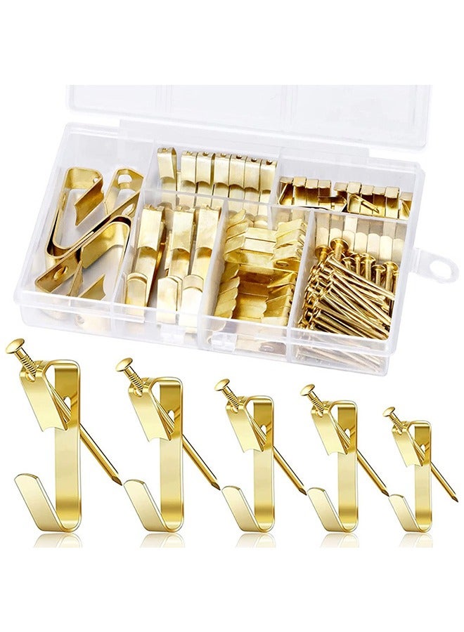 HS 130PCS Picture Hanging Hooks Kit - 5 Sizes LBS With 72 Nails - Heavy Duty Copper Hooks - Picture Hangers for Photos Frames Mirrors Wooden Wall Painting Clock Bags Clothes - Gold  - Image 1