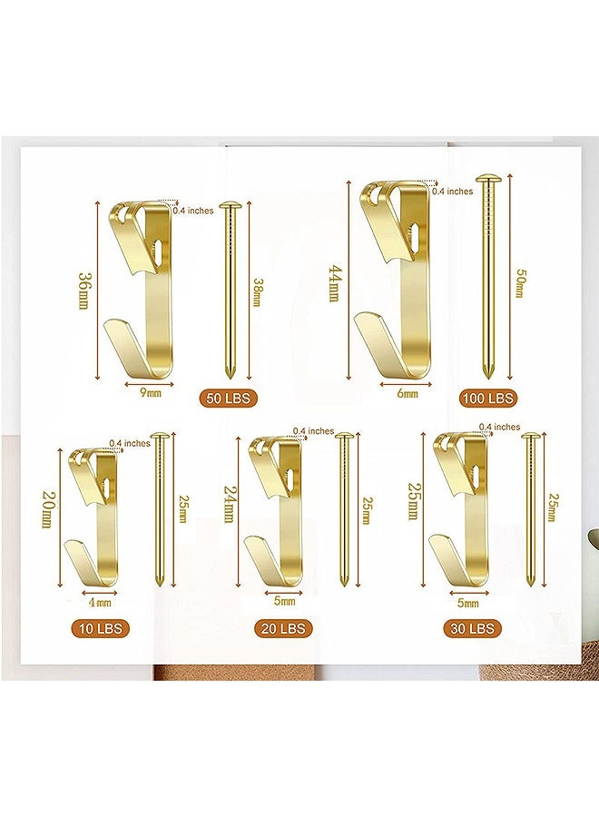 HS 130PCS Picture Hanging Hooks Kit - 5 Sizes LBS With 72 Nails - Heavy Duty Copper Hooks - Picture Hangers for Photos Frames Mirrors Wooden Wall Painting Clock Bags Clothes - Gold  - Image 3