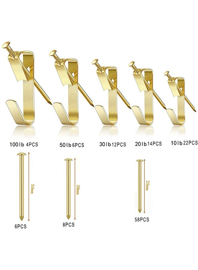 HS 130PCS Picture Hanging Hooks Kit - 5 Sizes LBS With 72 Nails - Heavy Duty Copper Hooks - Picture Hangers for Photos Frames Mirrors Wooden Wall Painting Clock Bags Clothes - Gold  - Image 2