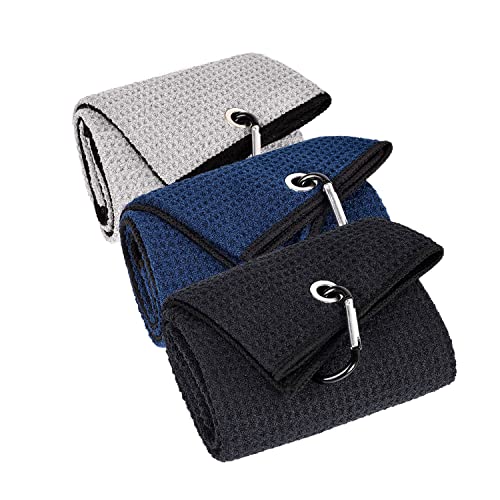 LUSTEMBER 3 Pack Large Golf Towels, 16" x 24" Tri-Fold Portable Microfiber Fabric Waffle Pattern Golf Towel for Golf Bag with Carabiner Clip to Quickly Remove Sand, Mud, Dirt and Sweat - Image 1