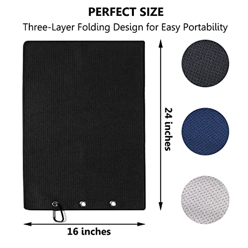 LUSTEMBER 3 Pack Large Golf Towels, 16" x 24" Tri-Fold Portable Microfiber Fabric Waffle Pattern Golf Towel for Golf Bag with Carabiner Clip to Quickly Remove Sand, Mud, Dirt and Sweat - Image 2