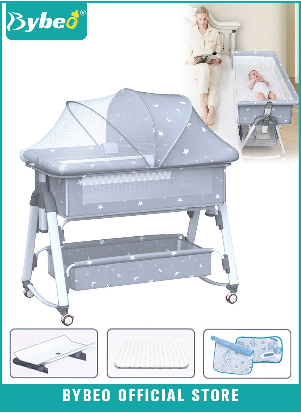 Bybeo 7PCS Baby Bedside Crib Babies Bed with 360 Swivel Wheels Portable Folding Bassinet for Infant Newborn Nursery Beds with Mosquito Net Mat Basket Cooler Pillow Diaper Changing Station Best Price