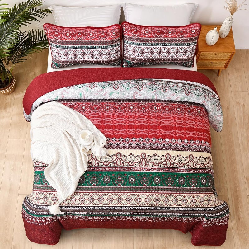 WONGS BEDDING مجموعة أغطية الأسرّة بأسلوب البوهو من WONGS، لون أحمر، مجموعة أغطية أسرّة بأسلوب البوهو، غطاء سرير خفيف من القطن الميكروفيبر قابل للتحويل، مناسب لجميع المواسم، مقاس 103" × 90" (3 قطعة) - Image 3