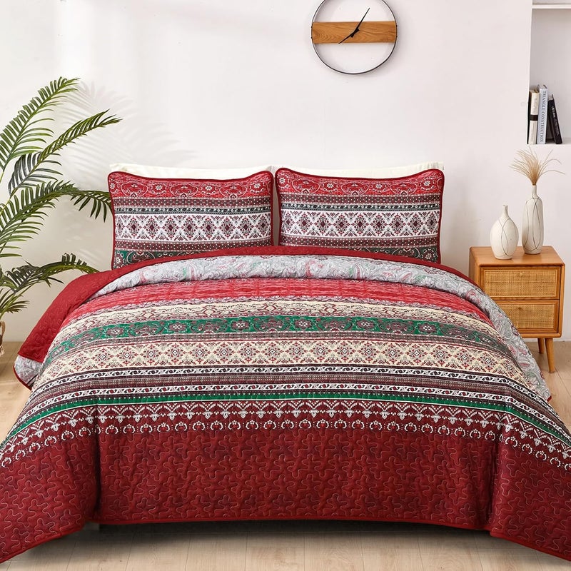 WONGS BEDDING مجموعة أغطية الأسرّة بأسلوب البوهو من WONGS، لون أحمر، مجموعة أغطية أسرّة بأسلوب البوهو، غطاء سرير خفيف من القطن الميكروفيبر قابل للتحويل، مناسب لجميع المواسم، مقاس 103" × 90" (3 قطعة) - Image 1