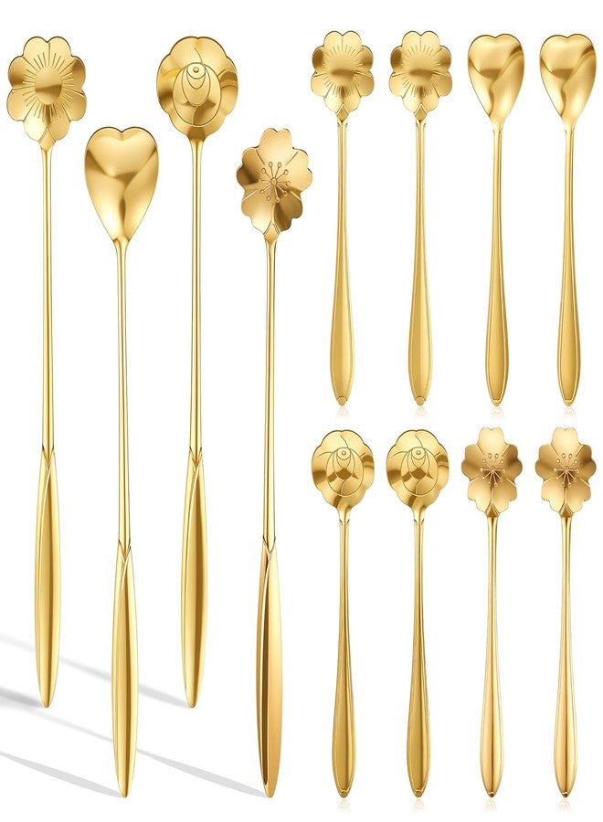 Jeffdad 12 pcs Flower Spoon Coffee Teaspoon Set, Drink Stirring Spoon Stainless Steel Tea Spoons Long Handle Demitasse Espresso Spoons for Dessert Coffee Ice Cream Tea(Gold) - Image 1