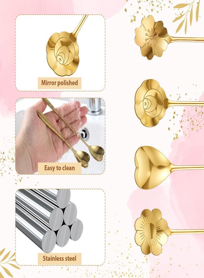Jeffdad 12 pcs Flower Spoon Coffee Teaspoon Set, Drink Stirring Spoon Stainless Steel Tea Spoons Long Handle Demitasse Espresso Spoons for Dessert Coffee Ice Cream Tea(Gold) - Image 3