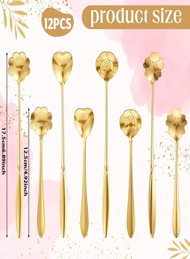 Jeffdad 12 pcs Flower Spoon Coffee Teaspoon Set, Drink Stirring Spoon Stainless Steel Tea Spoons Long Handle Demitasse Espresso Spoons for Dessert Coffee Ice Cream Tea(Gold) - Image 2