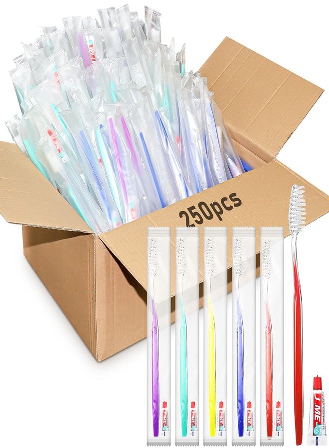 KisSealed 250 Pack Disposable Toothbrushes with Toothpaste,Bulk Travel Toothpaste and Toothbrush Set,Soft Bristle Individually Wrapped for Travel Hotel Donation Homeless Gift,Multicolor - Image 1