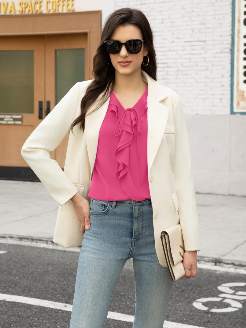 Funlingo Womens Work Tops Dressy Casual Long Sleeve V Neck Business Tunic Blouses 2025 Ladies Ruffle Hot Pink Office Formal Shirts Rose Red L - Image 4