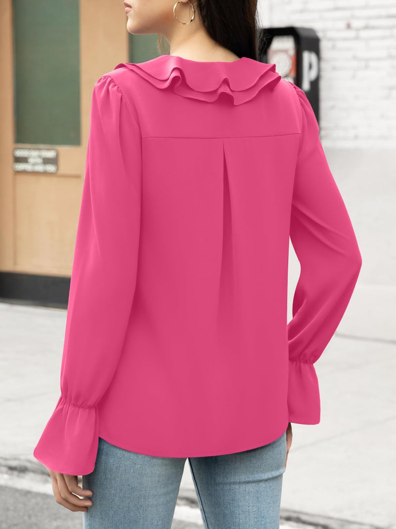 Funlingo Womens Work Tops Dressy Casual Long Sleeve V Neck Business Tunic Blouses 2025 Ladies Ruffle Hot Pink Office Formal Shirts Rose Red L - Image 3