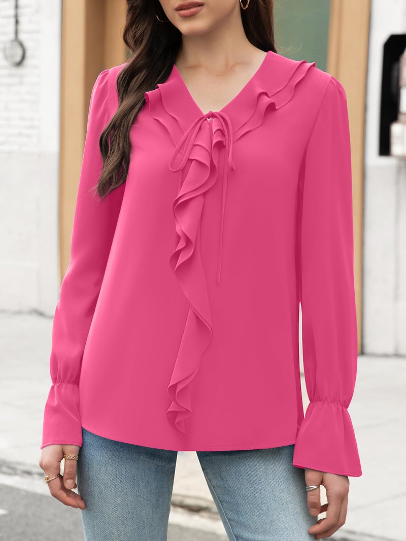 Funlingo Womens Work Tops Dressy Casual Long Sleeve V Neck Business Tunic Blouses 2025 Ladies Ruffle Hot Pink Office Formal Shirts Rose Red L - Image 2