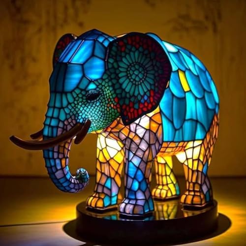 Yevheniy 3D Animal Lamp Retro Stained Animal Night Light Lamp Vintage Animals Table Lamp Bohemian Resin Animal Lamps for Bedroom Living Room Dining Room Nursery Office Home Decoration Elephant - Image 3