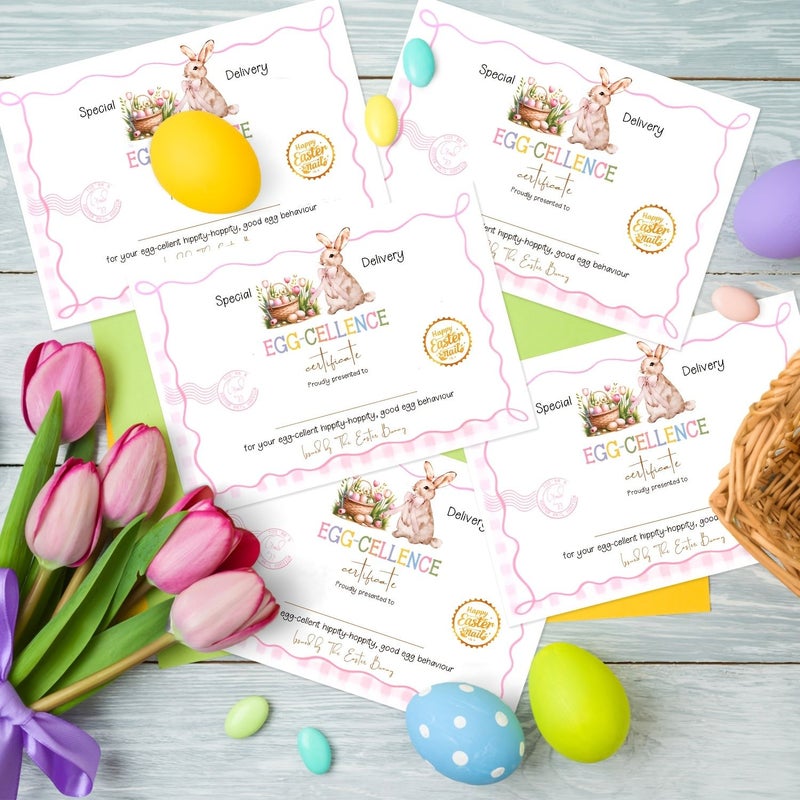 24Pcs Easter Pink Rabbit Certificate Cards Party Decorations with Egg Flower Bow Design - Image 1