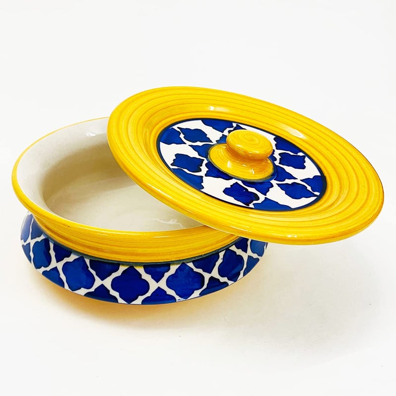 SG Shadowgreen ShadowGreen Ceramic Serving Bowl with lid Dekchi Gravy Bowl Dinner Bowl with lid | Set of 1 - Blue Yellow Design | (1000Ml Large) - Image 1