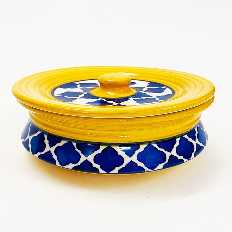 SG Shadowgreen ShadowGreen Ceramic Serving Bowl with lid Dekchi Gravy Bowl Dinner Bowl with lid | Set of 1 - Blue Yellow Design | (1000Ml Large) - Image 3