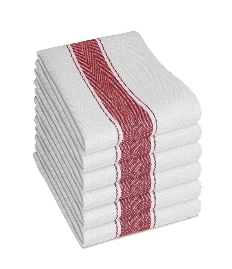 Olivia Rocco Pack of 6 Kitchen Tea Towels Large 100 Cotton Commercial Grade Towels Lint Free White Quick Drying 70 x 50 cm Red