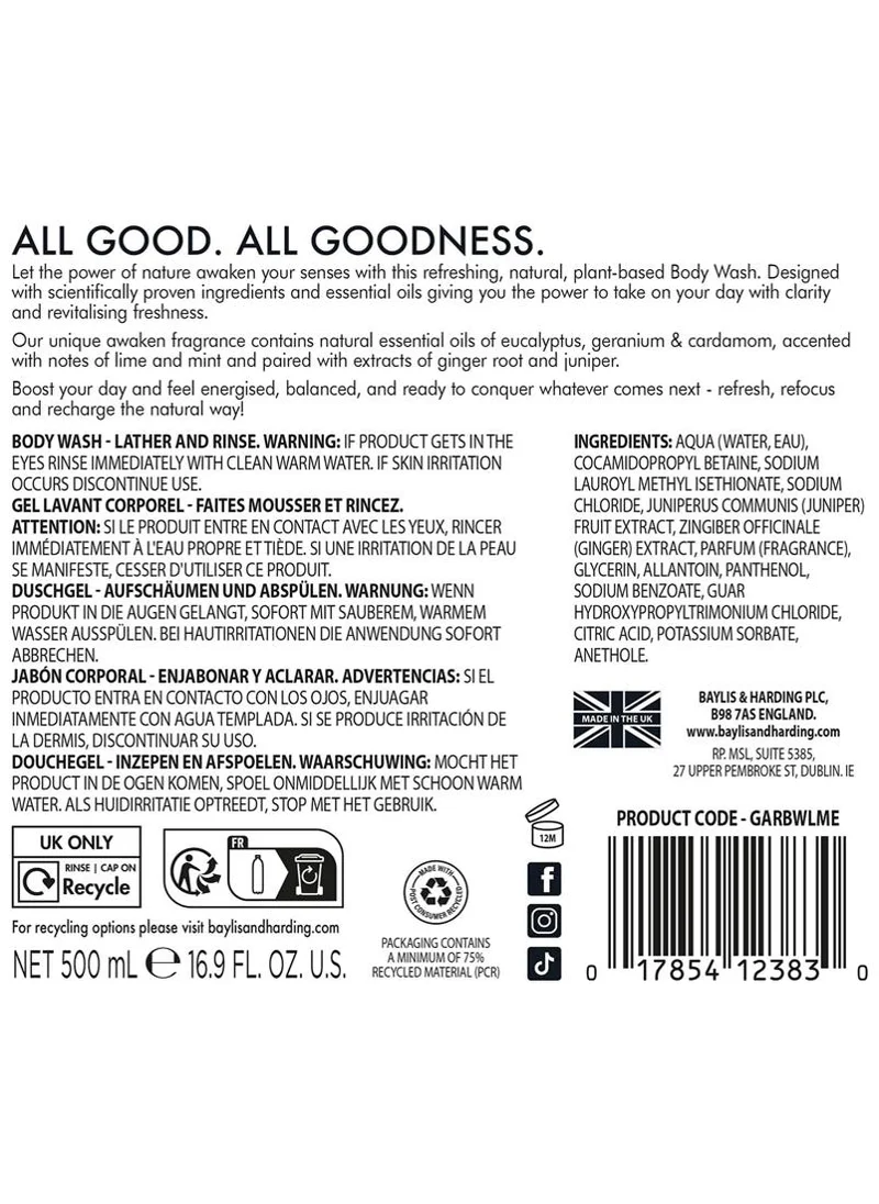 Baylis & Harding  Goodness Awaken Lime, Mint & Eucalyptus Body Wash, 500ml | Energising Natural Shower Gel with Ginger Root & Juniper | Vegan & Refreshing Cleanse  | Best Price UAE