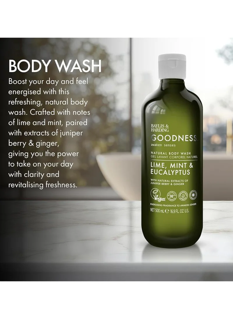 Baylis & Harding Goodness Awaken Lime, Mint & Eucalyptus Body Wash, 500ml | Energising Natural Shower Gel with Ginger Root & Juniper | Vegan & Refreshing Cleanse