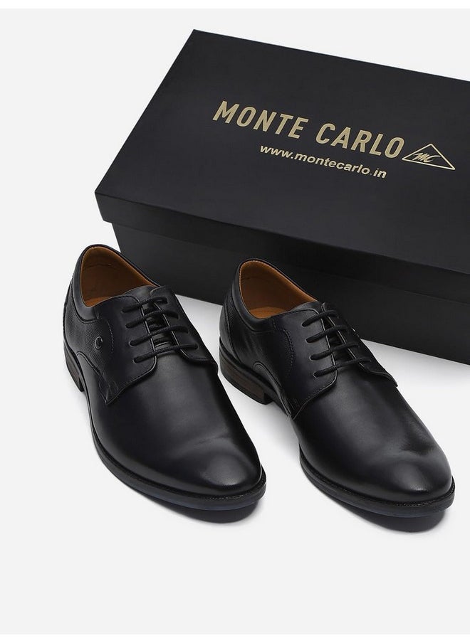 Monte Carlo - Monte Carlo Mens Black Solid Lace Up Genuine Leather Derby Shoes (201802FW-1-7) - Image 1