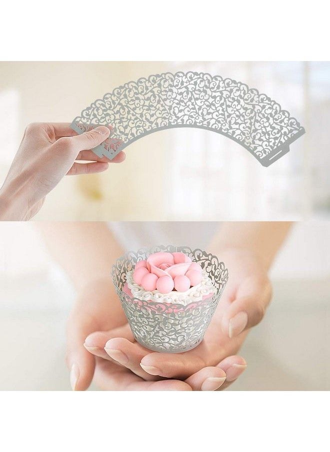 Benbilry - 50 Pcs Cupcake Wrappers Artistic Bake Cake Paper Cups Laser Cut For Wedding Party Birthday Decoration (Grey) - Image 1