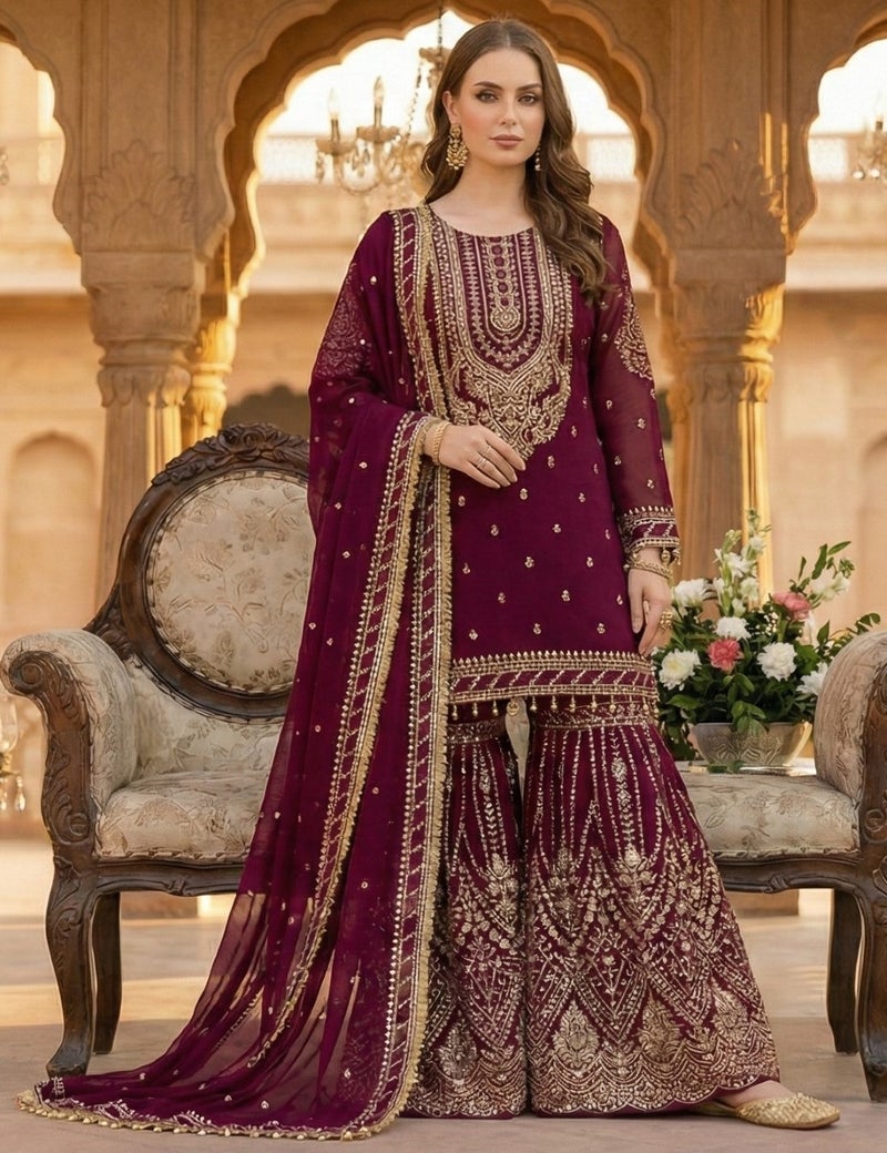 ANAITA Maroon Georgette Stitched Suit With Embroidery & Sequence Work - Image 1