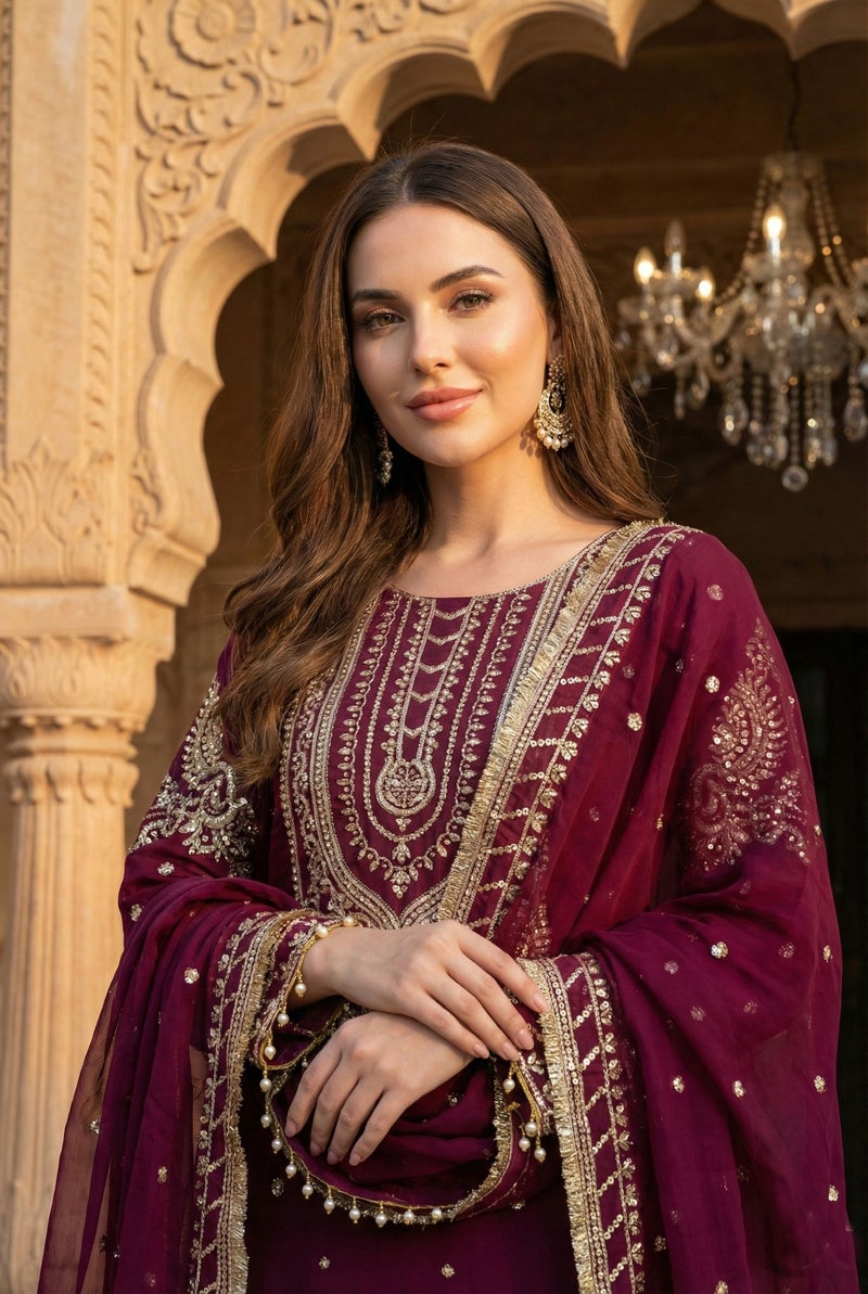 ANAITA Maroon Georgette Stitched Suit With Embroidery & Sequence Work - Image 4