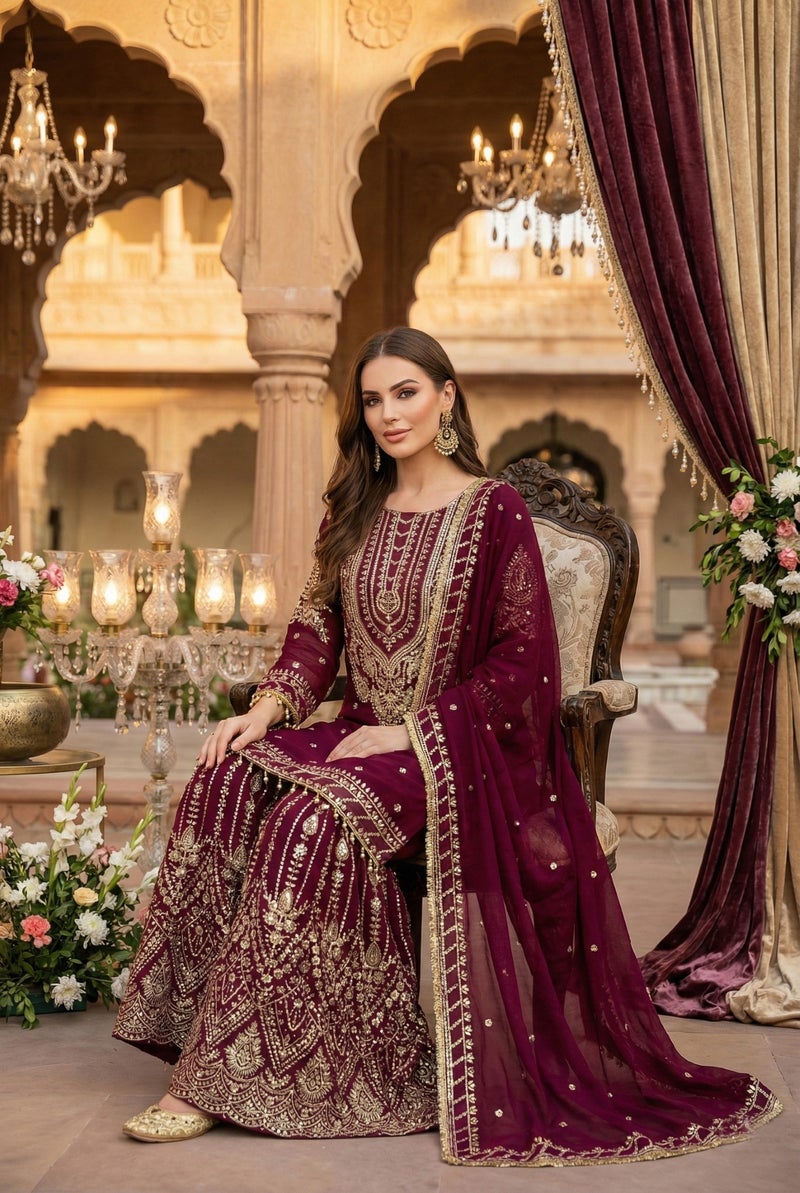 ANAITA Maroon Georgette Stitched Suit With Embroidery & Sequence Work - Image 3